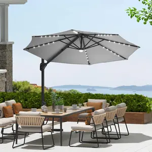 10ft Built-in Solar LED Lights Cantilever Patio Umbrella - 360-Degree Rotation Hanging Offset Market Parasol, Sun Protection, Easy Tilt, Cross Base, Solar Illuminated Design, Outdoor Shade Solutions, Light Up Your Space for Backyard, Poolside