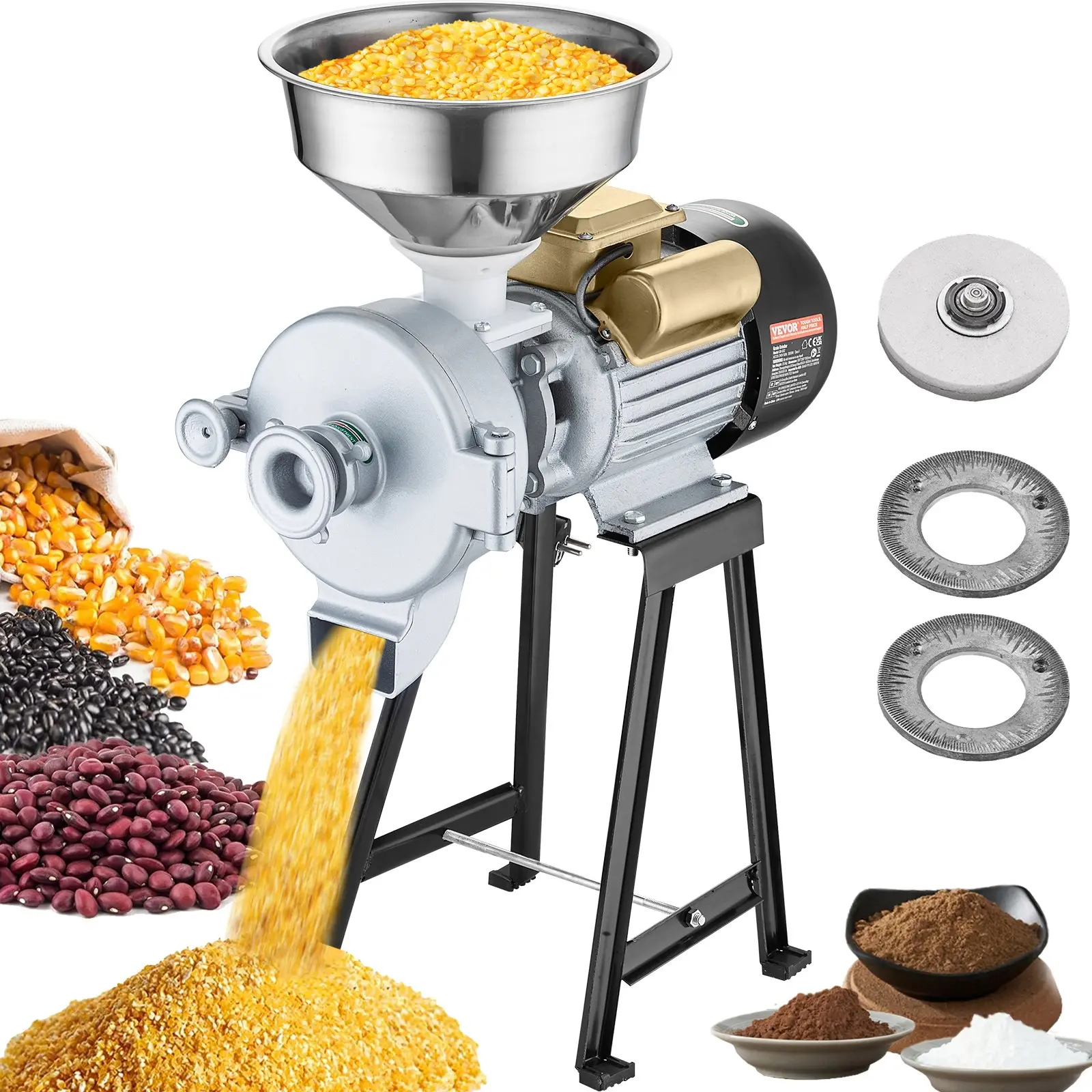 VEVOR Electric Grain Mill Grinder, 3000W Spice Grinders, Commercial Corn Mill with Funnel, Thickness Adjustable Powder Machine, Heavy Duty Feed Flour Cereal Mill Wheat Grinders, Dry Wet Grinder