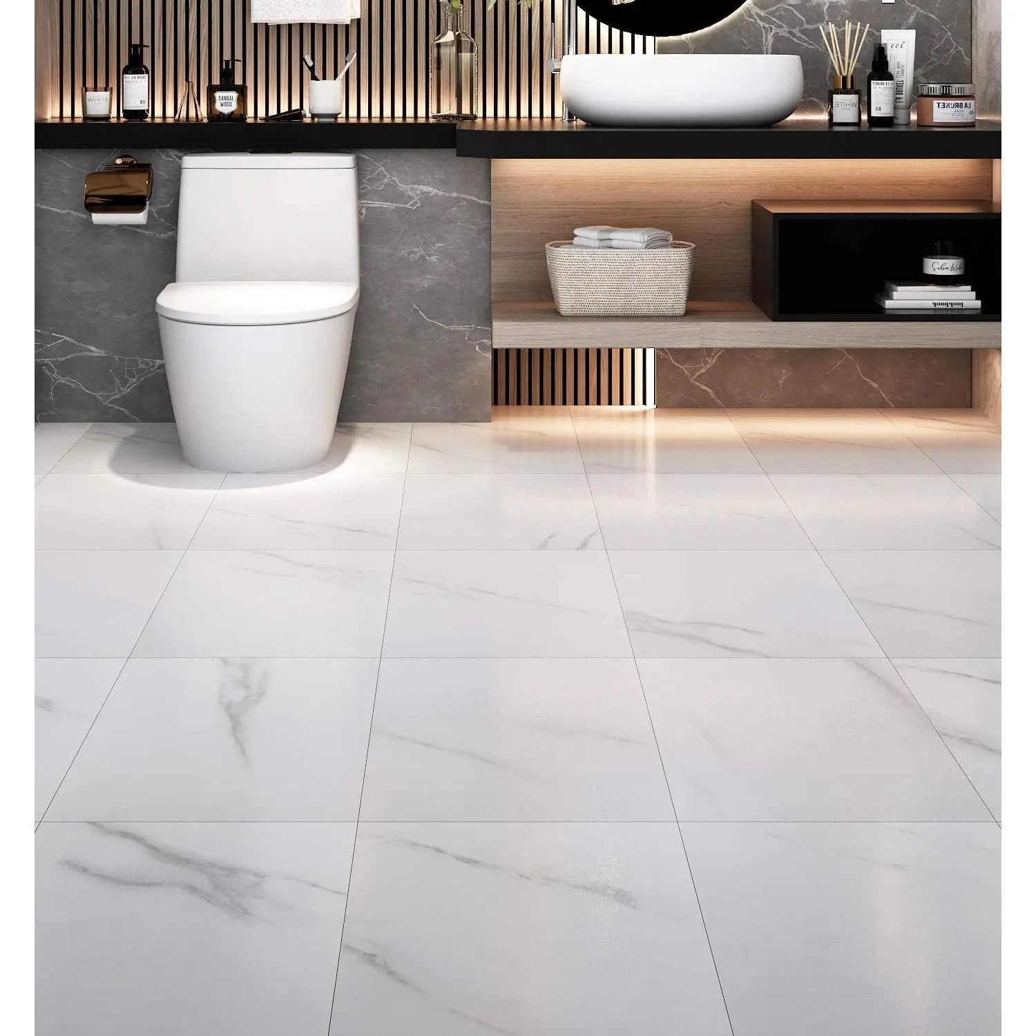 Peel and Stick Floor Tile Stickers  Vinyl Flooring White Marble Vinyl Tiles for Kitchen Bedroom White Laminate Flooring Bathroom Linoleum Flooring Sheet Adhesive 12X12 Inch 4-Pack