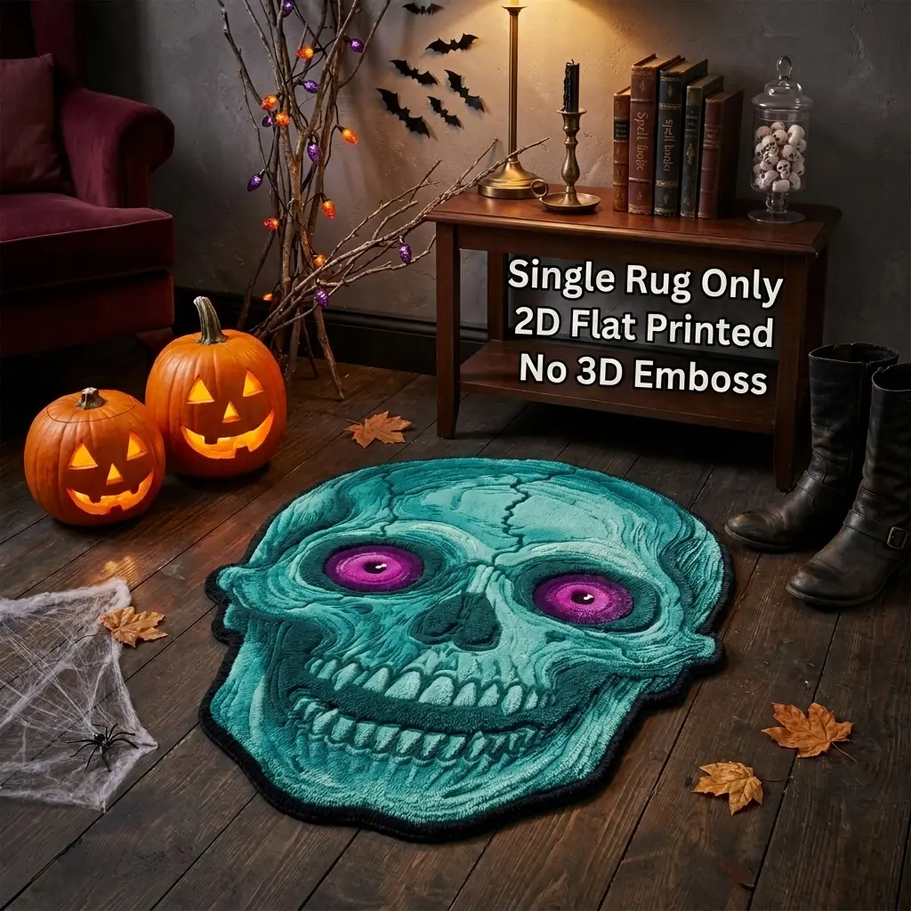 Halloween Teal Cracked Skull Shaped Irregular Floor Mat, 2D Flat Printed Rug with Thick Water Absorbent Sponge Backing, Non Slip Absorbent Horror Doormat for Entryway Bedroom Halloween Party Decor Gift 0722Y（3）