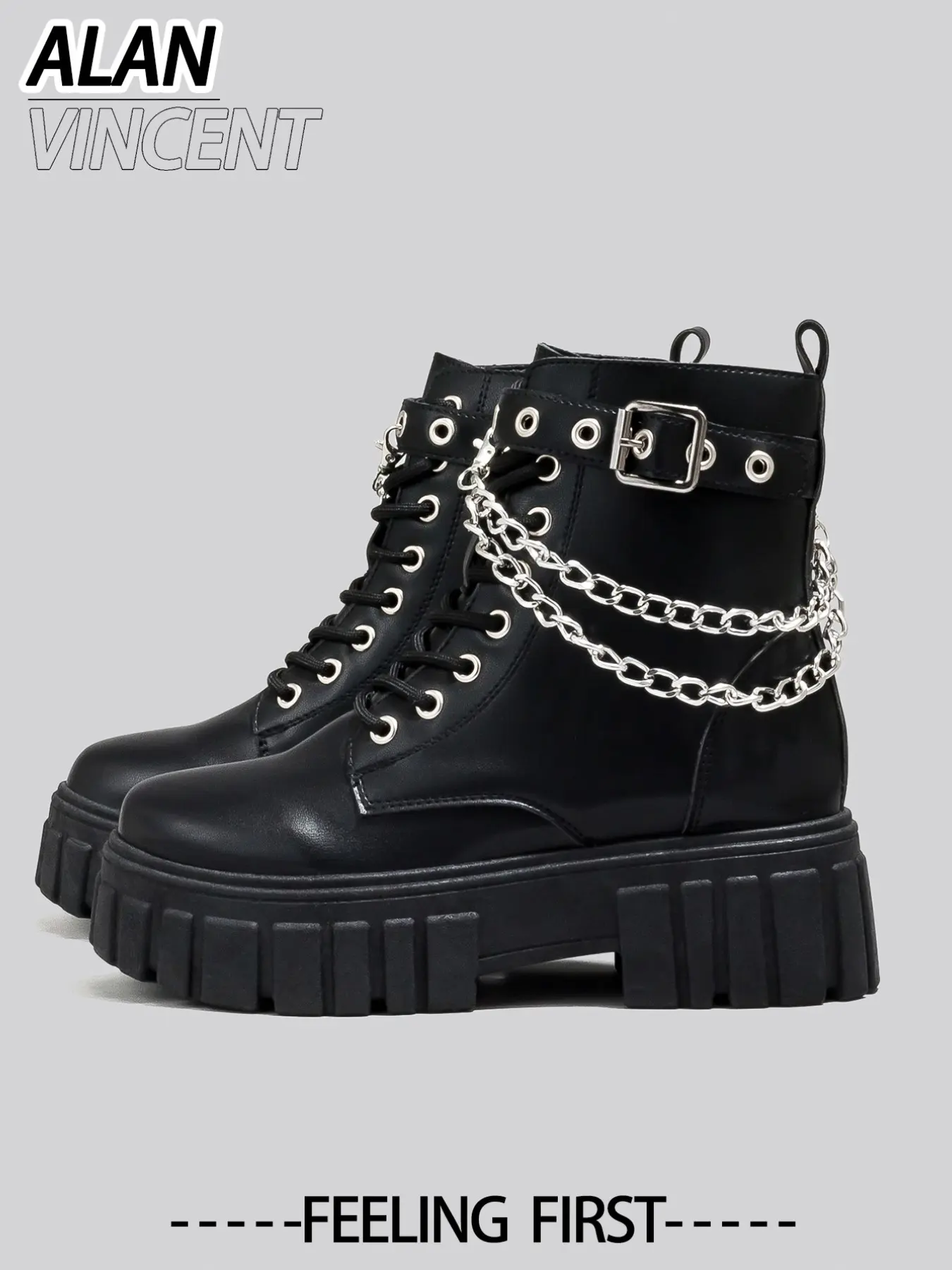 New Women's Boots, Mid-Calf Lace-Up, Chunky Thick Sole Heeled Boots with Metal Chains, Fall & Winter Fashion, PU Material, Medium Width