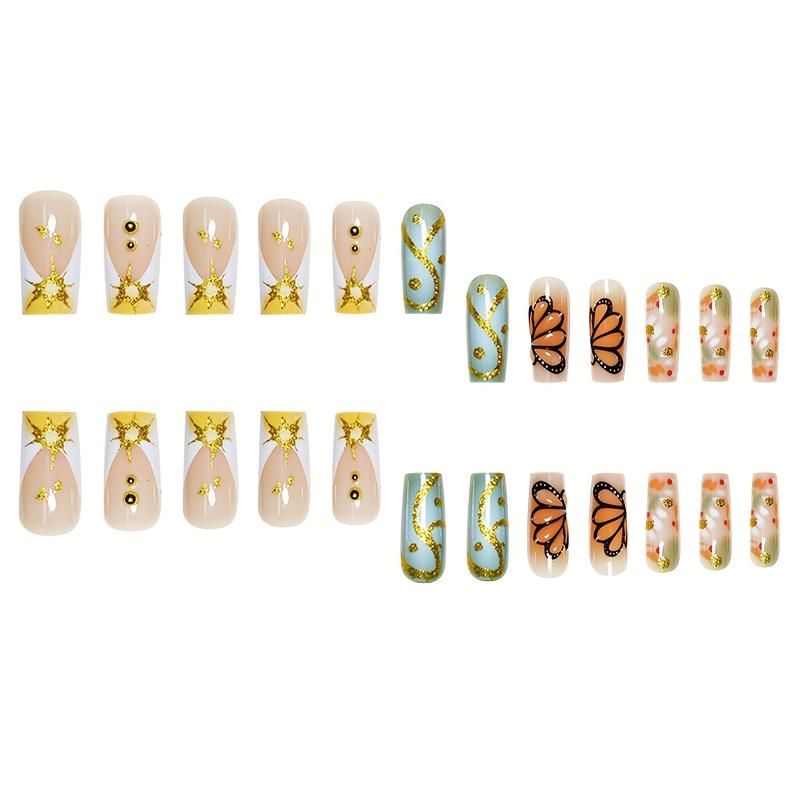 Cross-Border Hot-Selling Square Fake Nails Elegant High-End Butterfly Embellishment Fashion Simple Striped Wearable Nails Finished Wholesale