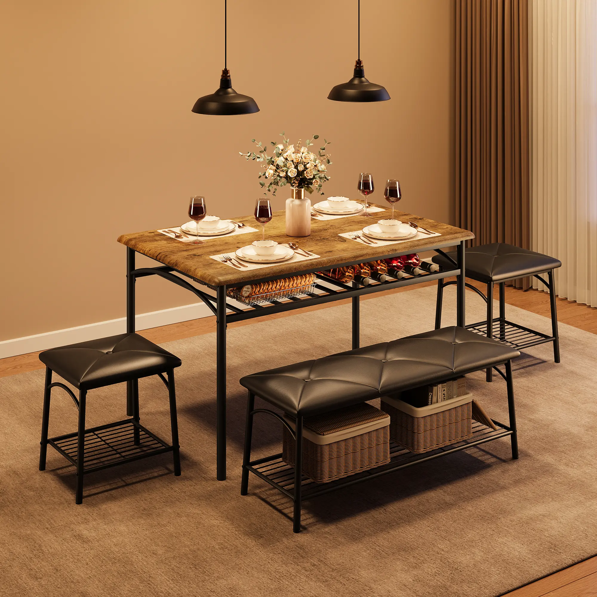 【GARVEE】Compact Space-Saver Rectangular Dining Set - Simple PU Leather Upholstered Bench & Stools, MDF/Iron/PU Build, Metal Frames, Under-Table Storage Shelves, 35.4x13.7x18.7in & 43.3x27.5x29.9in, for Tiny Kitchens & Apartments, Contemporary, Storage She
