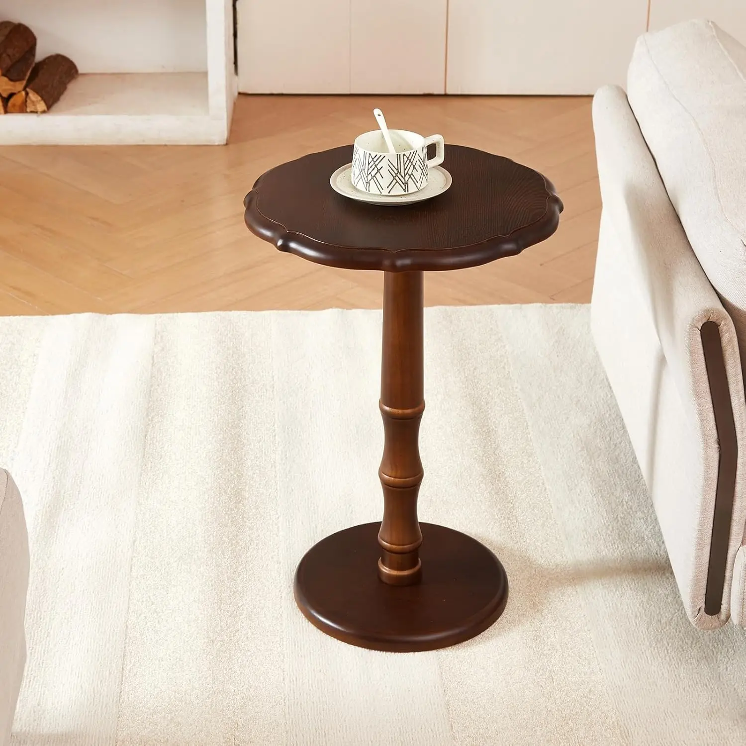 Vintage Side Table, Round Solid Wood Pedestal End Table, Accent Table Nightstand for Living Room Bedroom Bedside, Coffee Drink Reading Narrow Table for Sofa Couch Corner Office Small Spaces