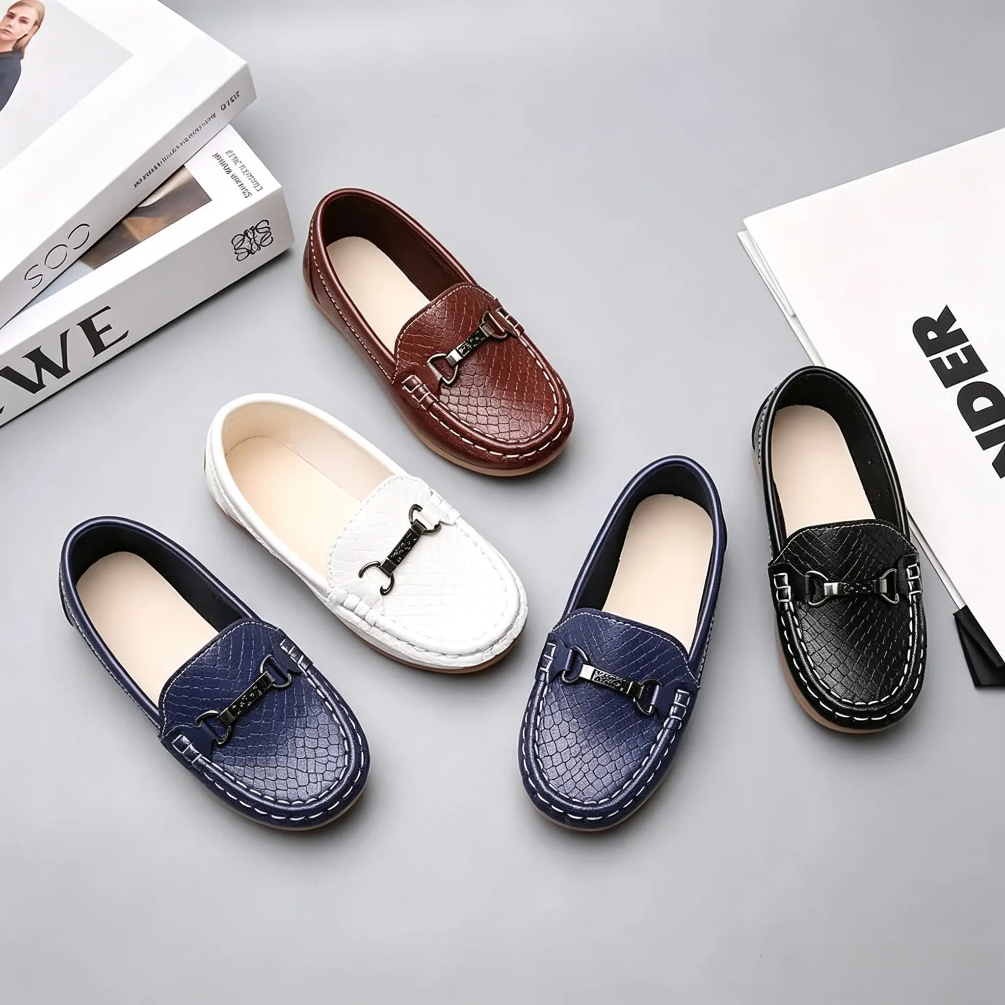 New Spring Fall Boys Girls Black White Children’s Soft Sole Performance Dress Shoes, Non-Slip Kids Leather Loafers, Toddler Flats for School Party Stage