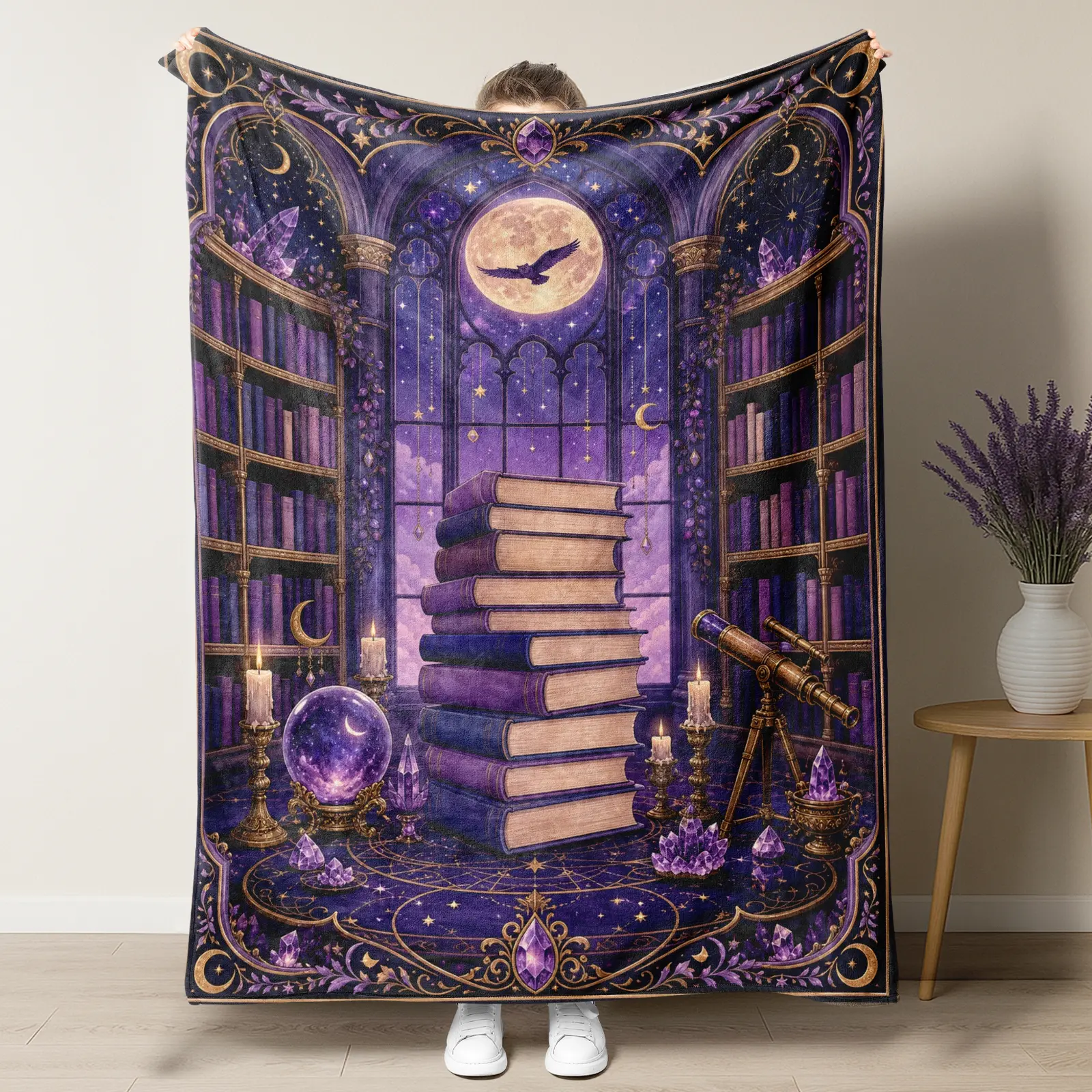 Mystical Dark Purple Magic Library Throw Blanket, Vintage Witchy Bookshelf Full Moon Raven Crystal Ball Candle Telescope Star Constellation Print Soft Fluffy Fleece Blanket, Dark Cottagecore Celestial Witchy Cozy Sofa Bed Decor Gift Blanket For Book Lover