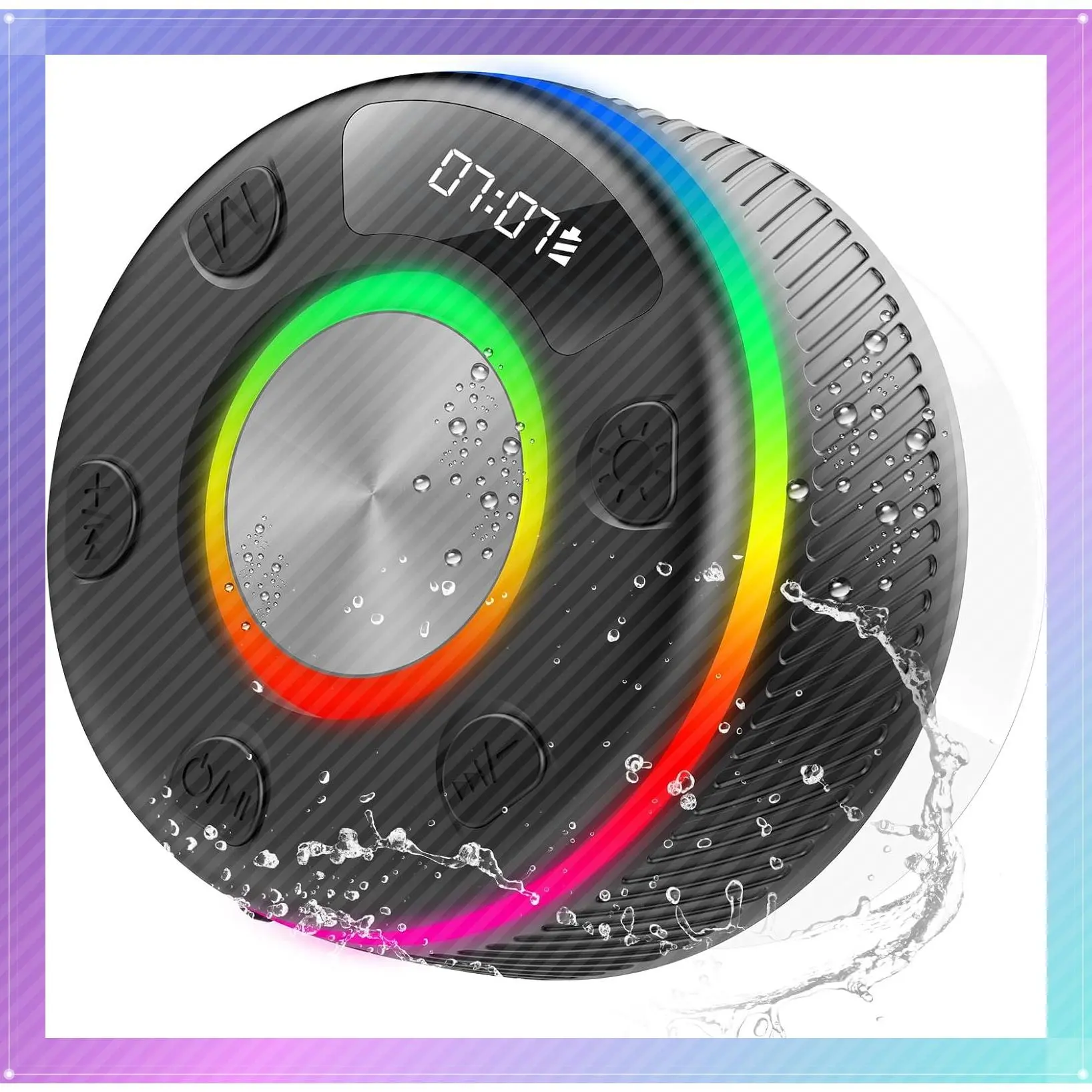 Portable Bluetooth 5.4 Shower Speaker, IP7 Waterproof, HD Sound, RGB Light, LED Display, Hands-Free Call, Suction Cup – Perfect Bathroom Sing-Along Gift & Stocking StufferGift