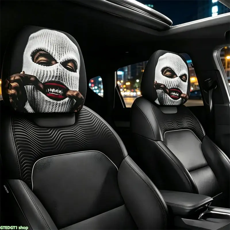 Gothic Ski Mask Bite Lip Car Headrest Covers 2 PCS, Universal Fit for Cars SUVs Trucks, Breathable Fabric Protector, Edgy Balaclava Face Design, Black Gothic Auto Accessories, Easy Install & Washable, Upgrade Your Ride with Dark Rebellious Vibe, Aesthetic