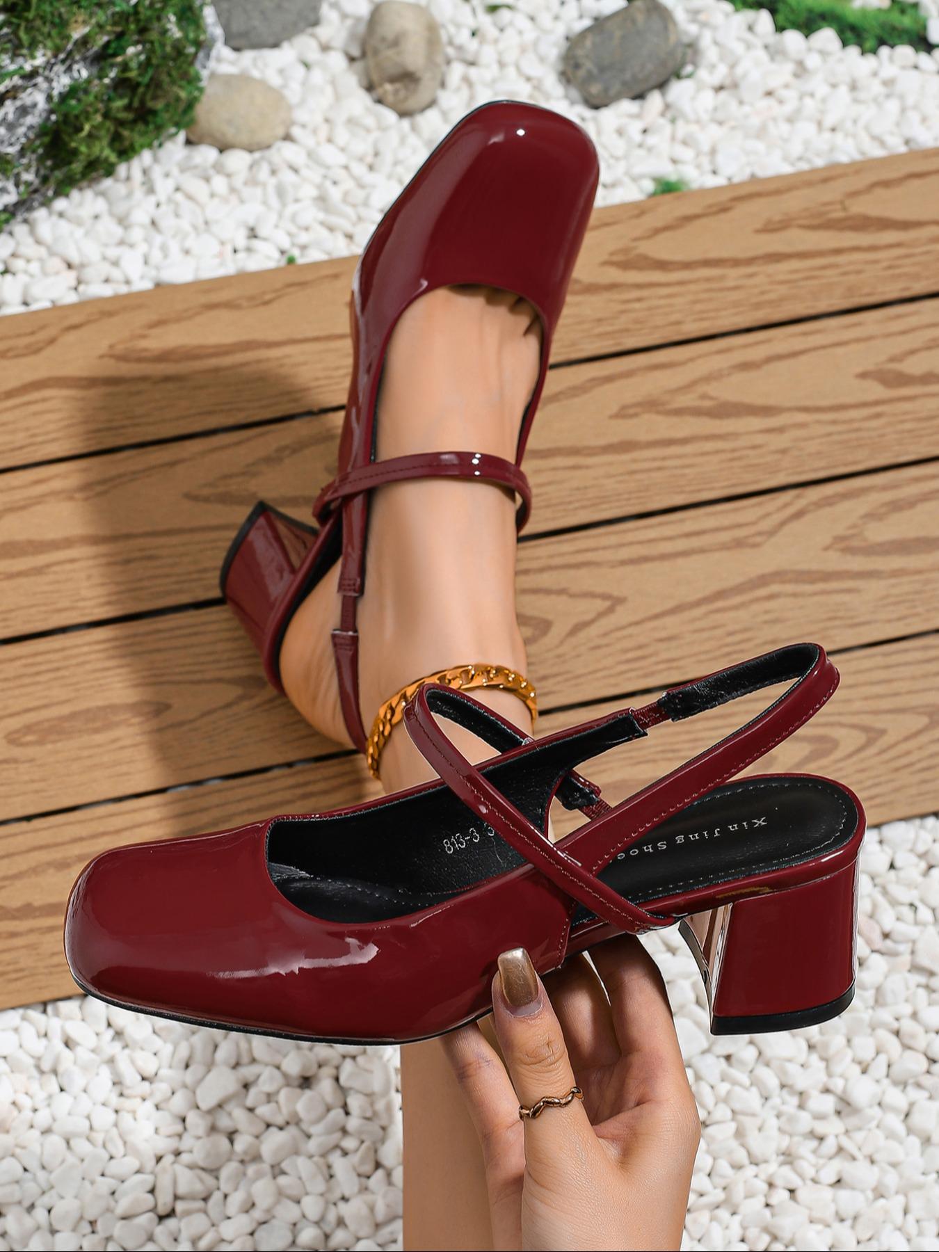 Women's Square Toe Ankle Strap Thick Heel Shoes, PU Leather Casual Fashion, All Season Comfortable Workwear Footwear