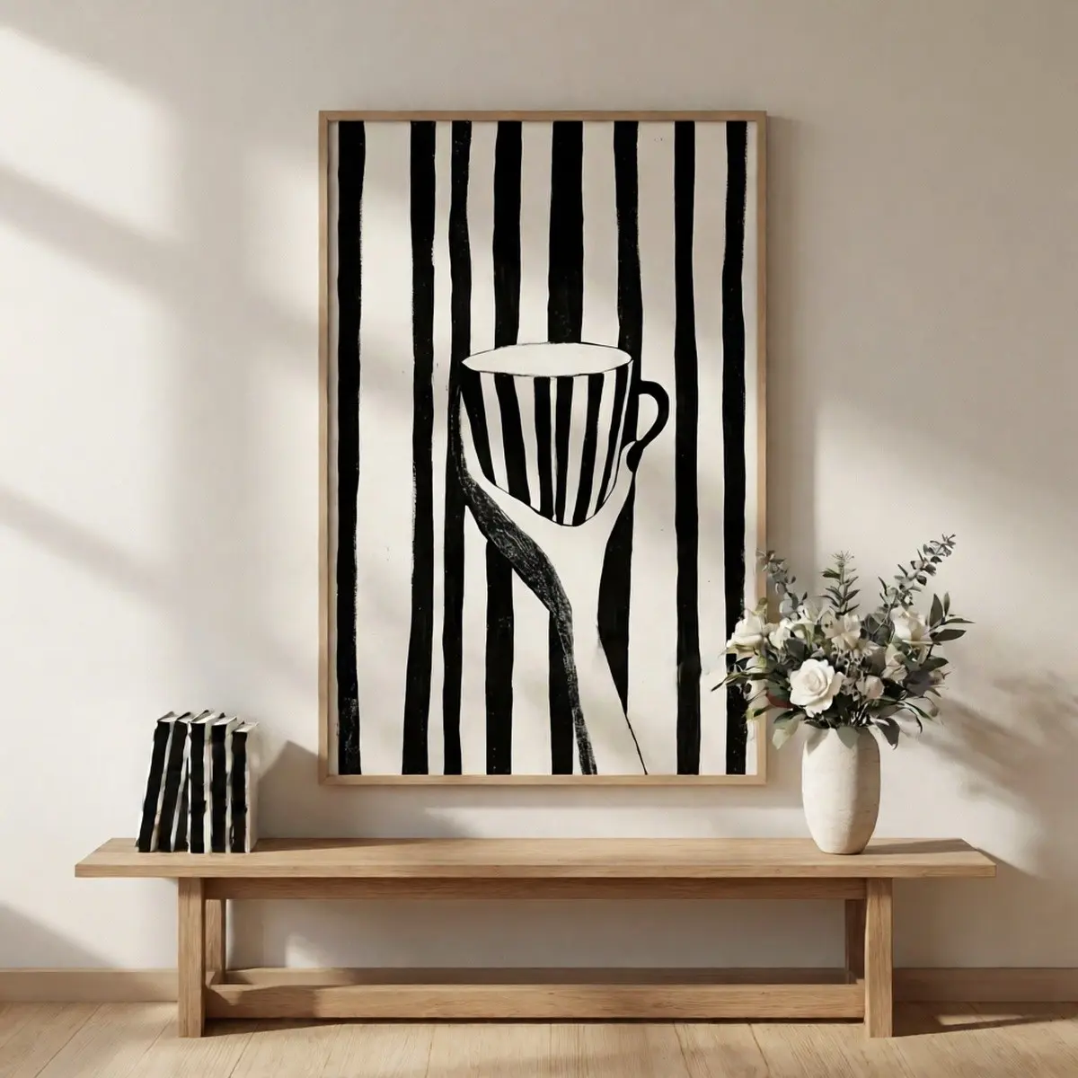 1pc Black and White Striped Cup Poster, Unframed Abstract Hand Drawn Coffee Cup Wall Print, Minimalist Modern Sketch Wall Art, Decor Picture for Kitchen, Dining Room, Home Wall Decor, No Frame