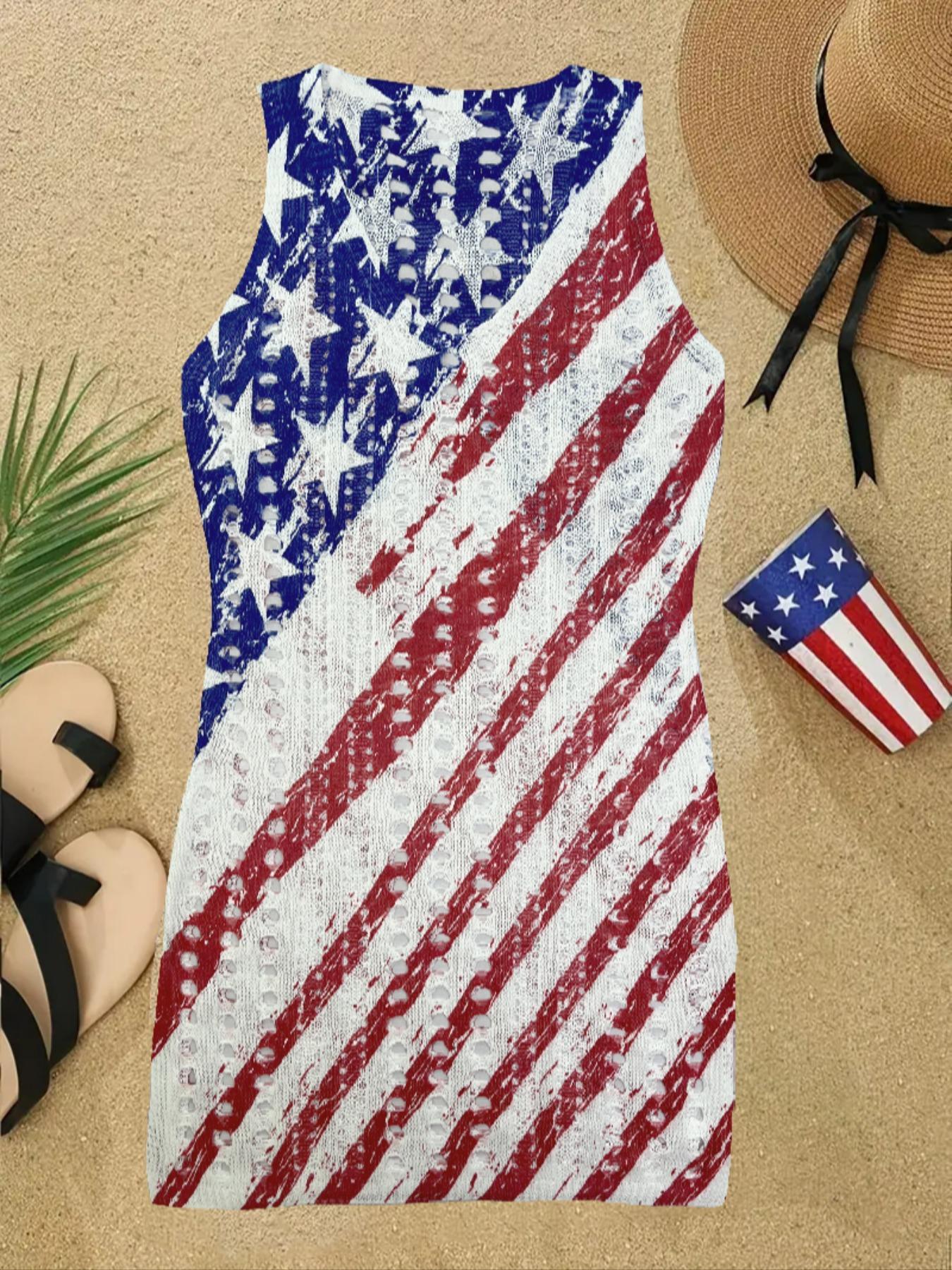 Women's American Flag Pattern Hollow Out Split Thigh 4th Of July Tank Dress, Casual Summer Scoop Neck Sleeveless A Line Dress for Summer, Casual Wear, Summer Casual Sundress, Casual Dresses