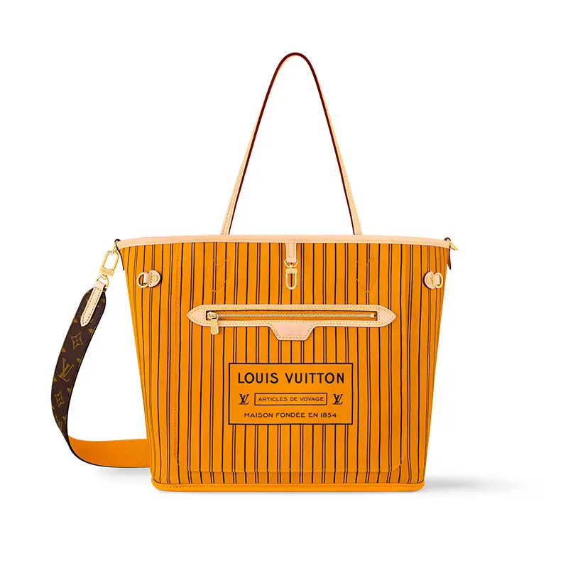 Louis Vuitton Neverfull MM Tote Bag for Women – Striped Detachable Adjustable Strap, Leather-Trimmed, Reversible Design, Orange