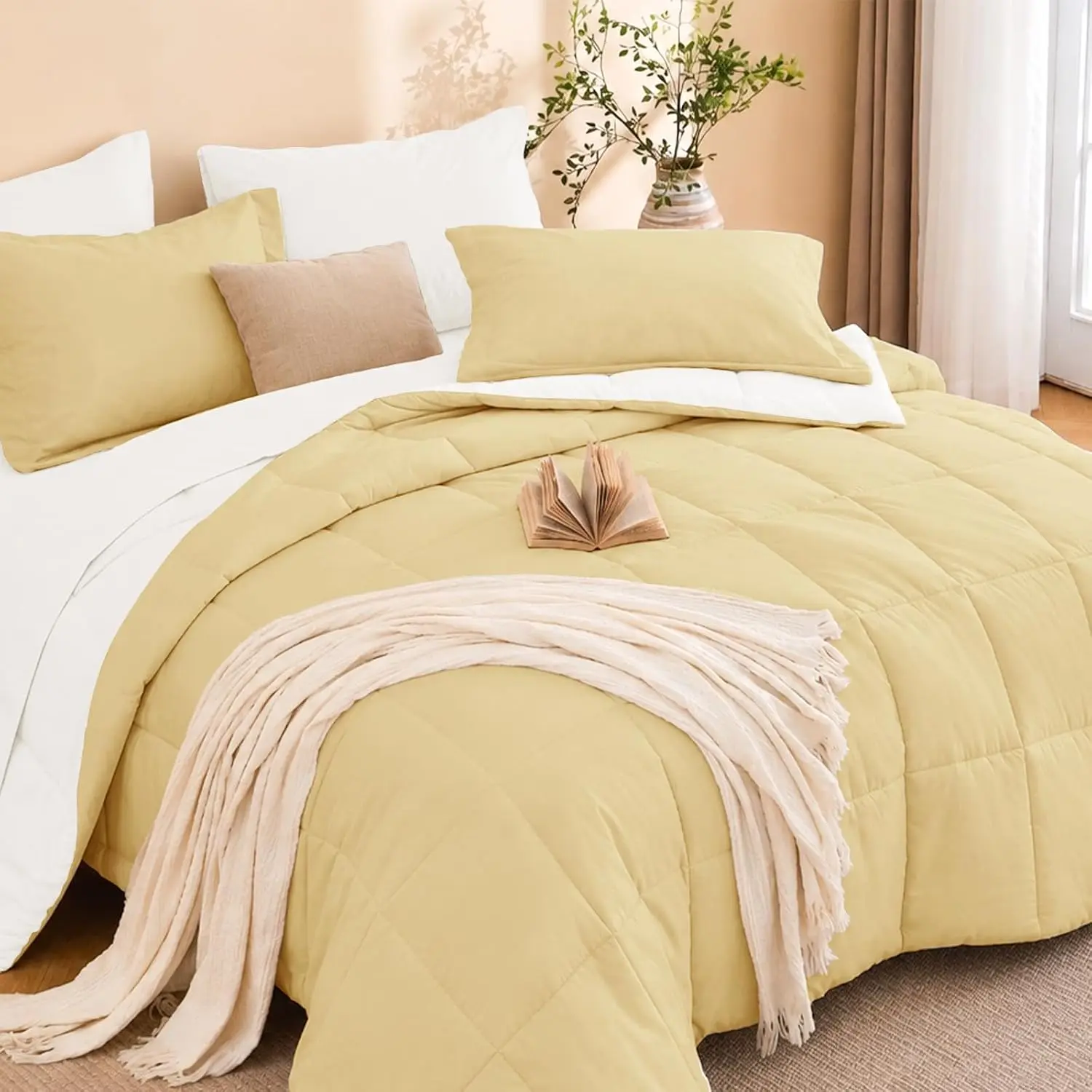 Queen Comforter Set with Sheets - 7 Pieces Bed in a Bag Yellow Bedding Sets
