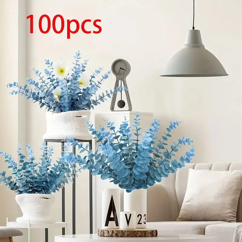 100pcs Artificial Eucalyptus Branches with Leaves, Blue Eucalyptus Twigs for Wedding, Christmas, Farmhouse Table Decor, DIY Plastic Greenery