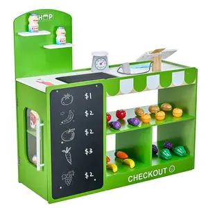 Kids Grocery Store Playset, Wooden Play Market Stand with Shopping Bag, Kids Supermarket Pretend Play Store with Conveyor Belt, Scanner, Cash Register, Realistic Scale, Gift for Boys Girls