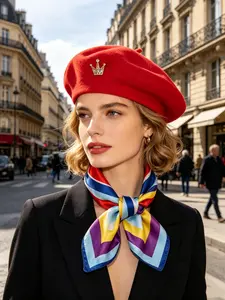 Women’s French Beret Set – Wool Red Beret Hat with Rhinestone Crown Brooch & Satin Silk Scarf, Elegant Parisian Fashion Accessories for Daily Wear, Travel, Café Outfits & Photoshoots