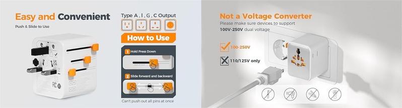 F-APT33  Universal Travel Adapter, Power Adapter Worldwide with Extra 2 Prong AC Outlet, 4 USB Ports (2 USB C), International Plug Adaptor for US to Europe Italy UK Australia Ireland (Type C G A I)