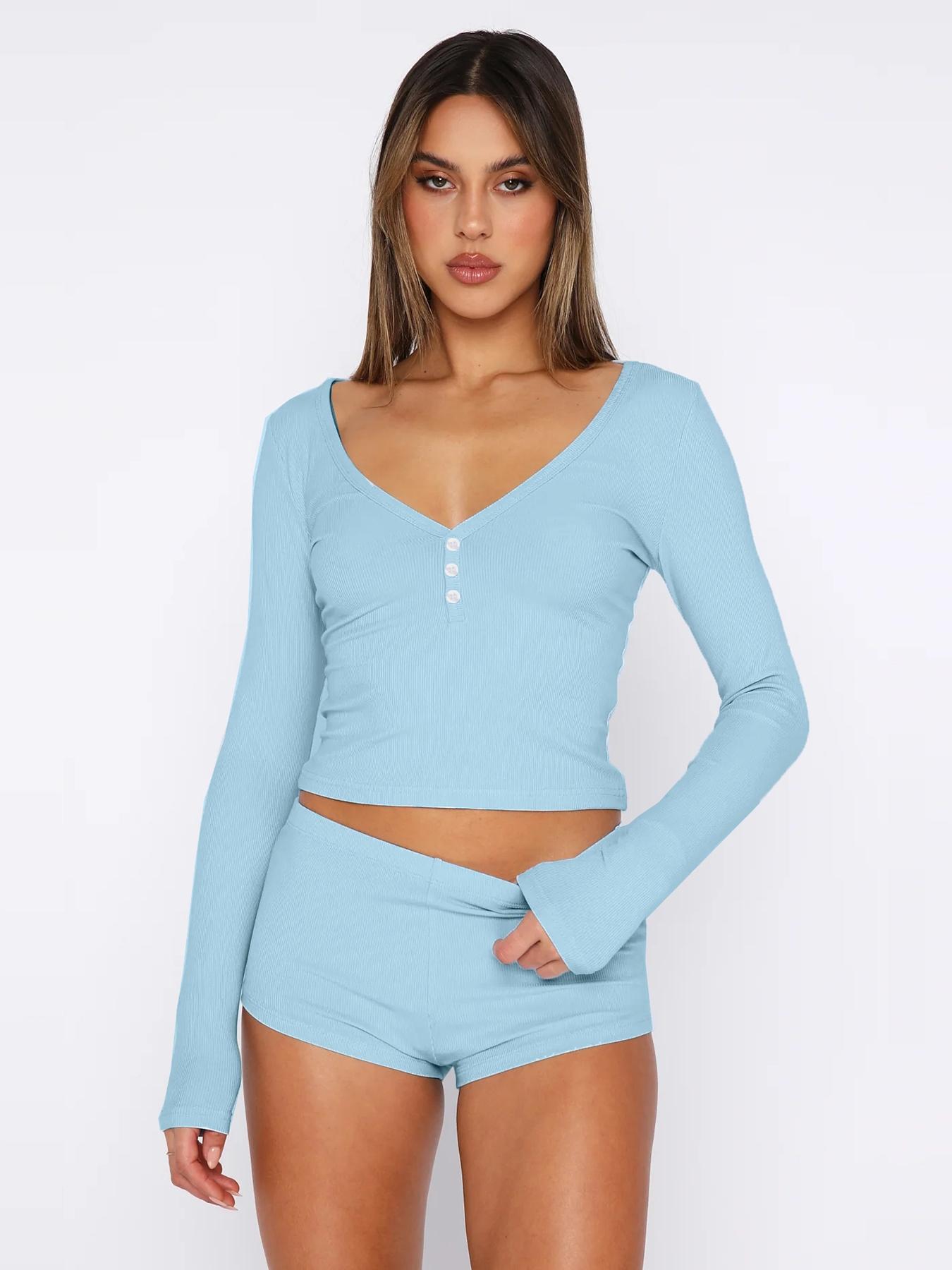 Two-Piece Set Women's Solid Long Sleeve Crop Top & High Waist Shorts Set, Button Front V Neck Top & Shorts Two-piece Set for Spring & Fall, Women's Two-piece Outfits