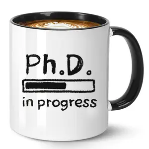 Funny Coffee Mug “Ph.D. in Progress” – 11oz Ceramic Tea Cup, Humorous Gift for PhD Student Graduate Researcher, Great Birthday Gifts and Christmas Gift for Men Women