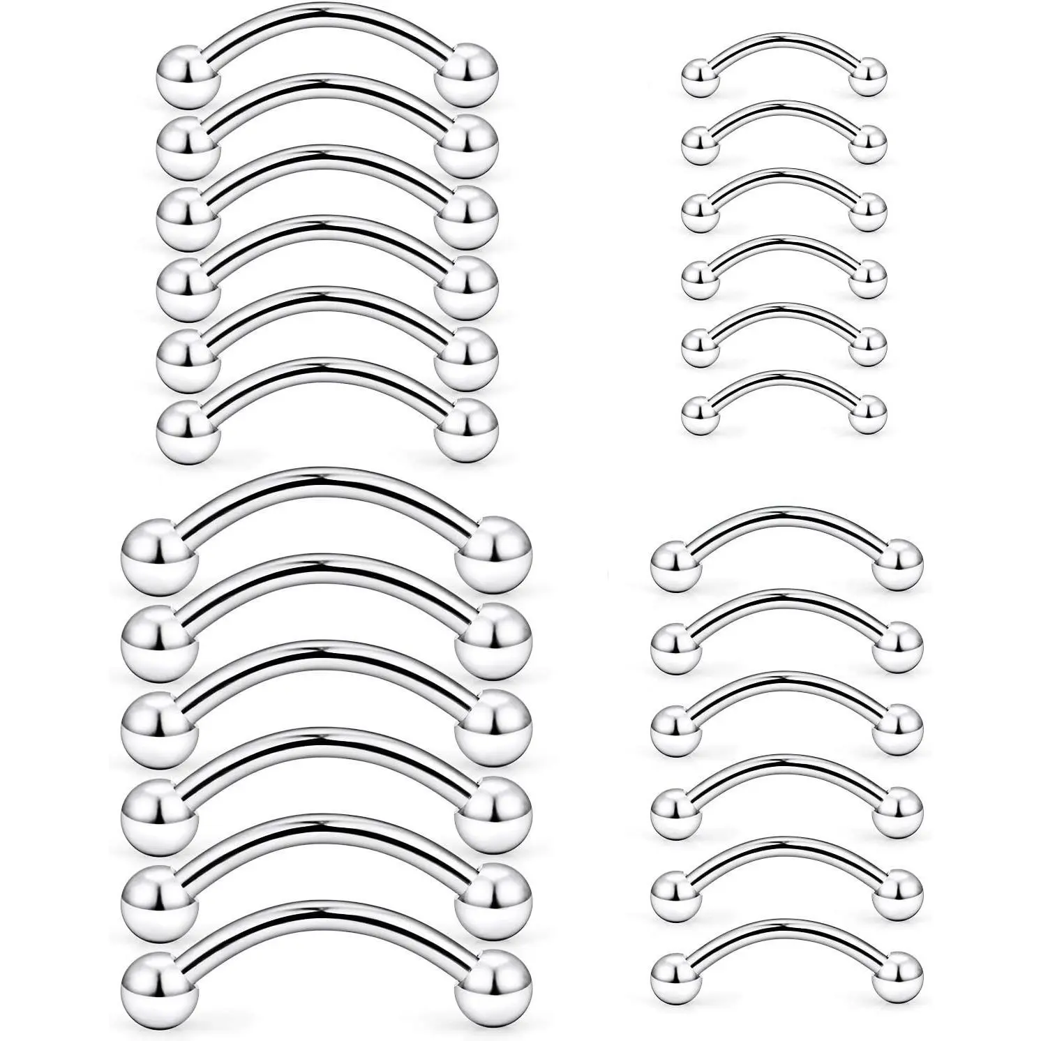 16G Surgical Steel Curved Barbell Eyebrow Piercing Jewelry Kit with Balls, Tragus Rings, 16-24Pcs, 6mm 8mm 10mm 12mmGift