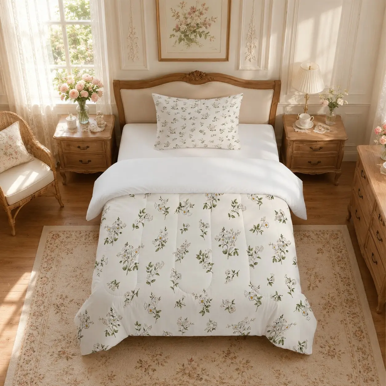 2/3 Pieces Vintage Cottagecore White Wild Floral Comforter Set, Watercolor Tiny White Flower Country Bedding, 1 Comforter + 1/2 Pillowcases, Without Pillow Inserts, Spring Farmhouse Home Decor Gift for Women & Teen Girls' Bedroom & Dorm
