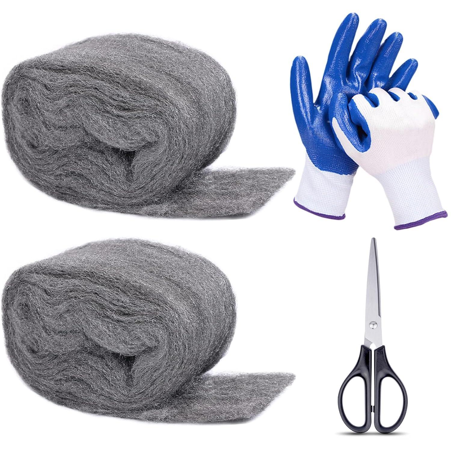2 Pack Steel Wool for Mice Control 3.2"x10.5 Ft Wool, Gap Filler for Home & Garage, DIY Bundle with Gloves & Scissors, Textiles & Soft Furnishings