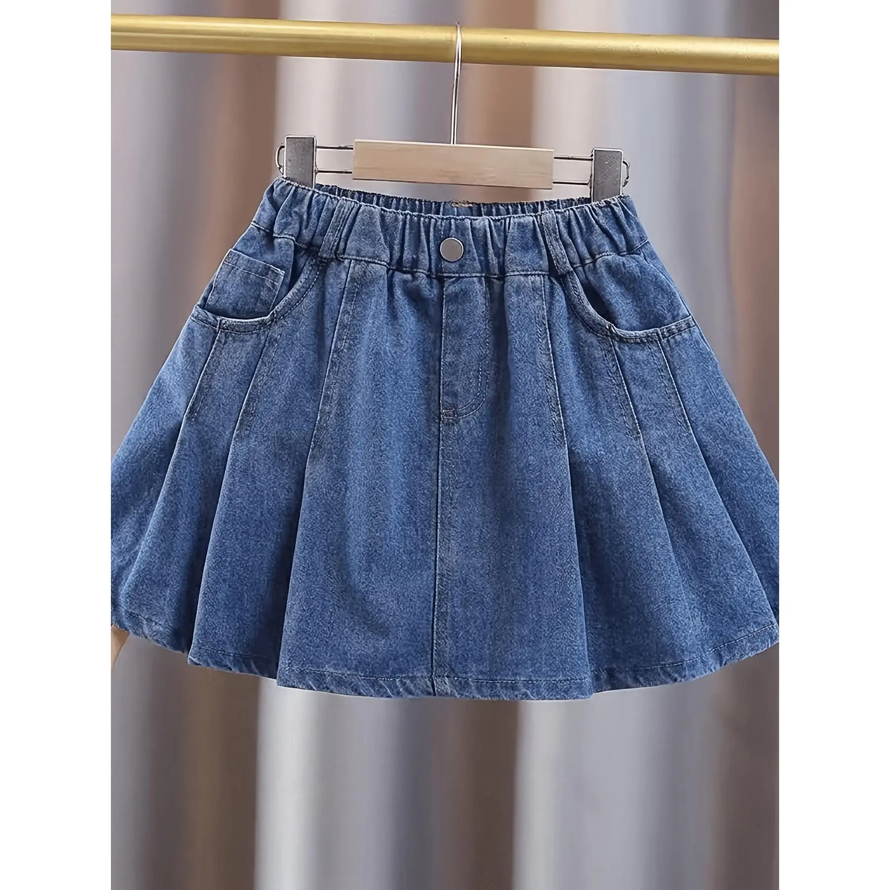 Girls' Elastic High-Waisted Pleated Denim Short Skirt - Semi-Elastic Waist with Metal Buckle, Double Side Pockets, A-Line Wide Hem, Short Length, Sweet Look, Breathable Summer Wear for 3-16 Yrs Old for School & Shop