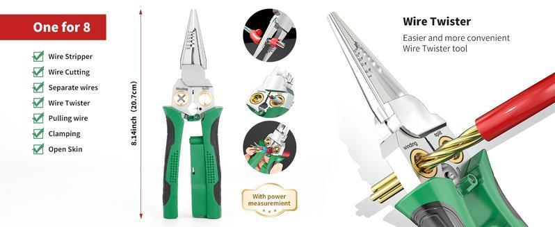 8 in 1 Wire Stripper Twister for Cutting and Pulling Wires, Cable Scissors,Voltage Tester Pliers, 12V to 250V Live,Null,Hot Wire Judgment AC DC, Audible and Flashing LED Alarms