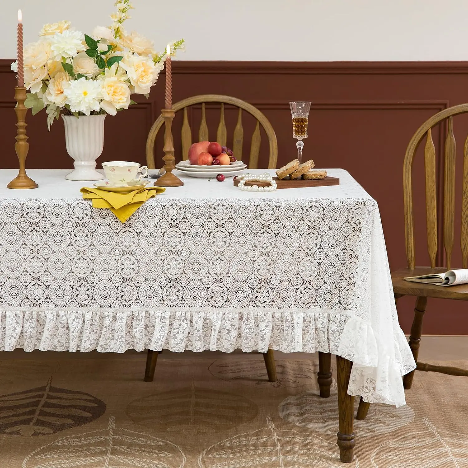 GLORY SEASON Lace Tablecloth with Flower and Leaf Pattern Fabric Ivory White Rectangle/Oblong Table Cloth Cover for Wedding Buffet Banquet Parties Holiday Farmhouse Kitchen Dining Decor 60x120 Inch