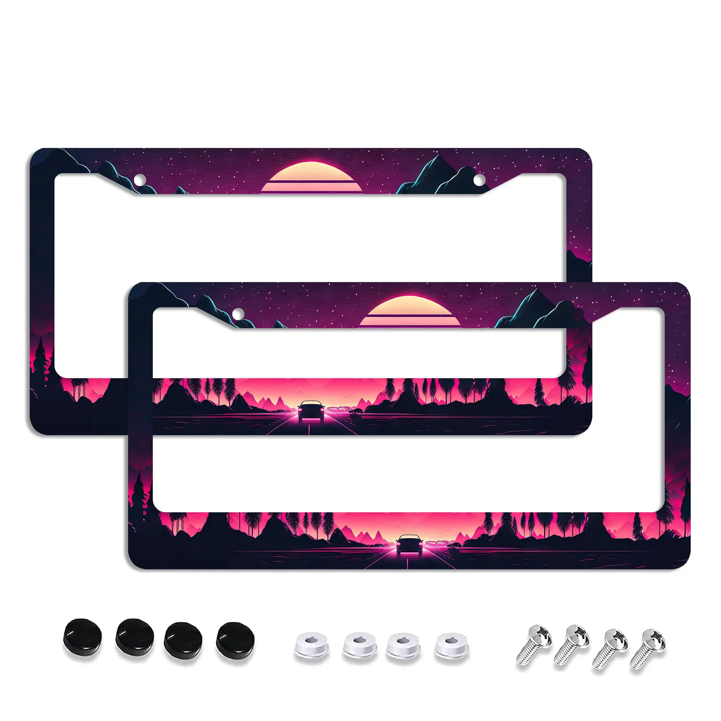 2-Pack Synthwave Retrowave Aluminum License Plate Frames - 80s Cyberpunk Sunset Mountain Pattern, License Plate Cover with Screw Caps, US Standard 12x6in Outrun Gaming Auto Exterior Accessory Gift for Men