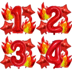 5pcs/Set Fire Number Foil Balloons Set Decorations Fire Engine Fire Flame Balloons Fireman Theme Birthday Party Supplies