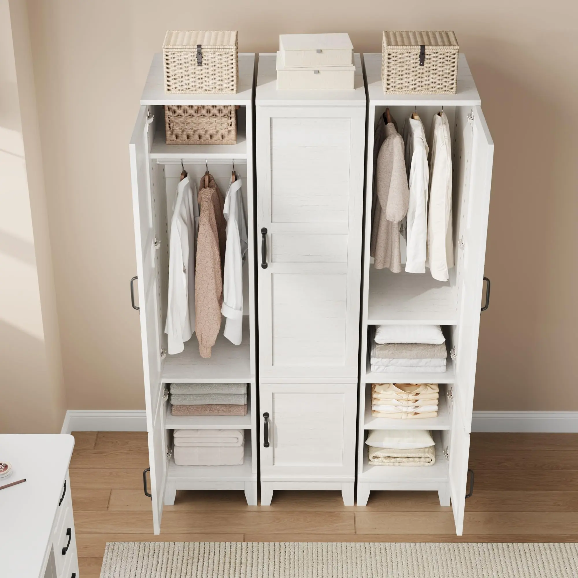 Space-Saving Wooden Armoire Wardrobe Closet – 2 Doors, 72" Tall, Hanging Rod, 18 Adjustable Shelves, Narrow Bedroom Clothes Storage Cabinet – Rustic White Finish