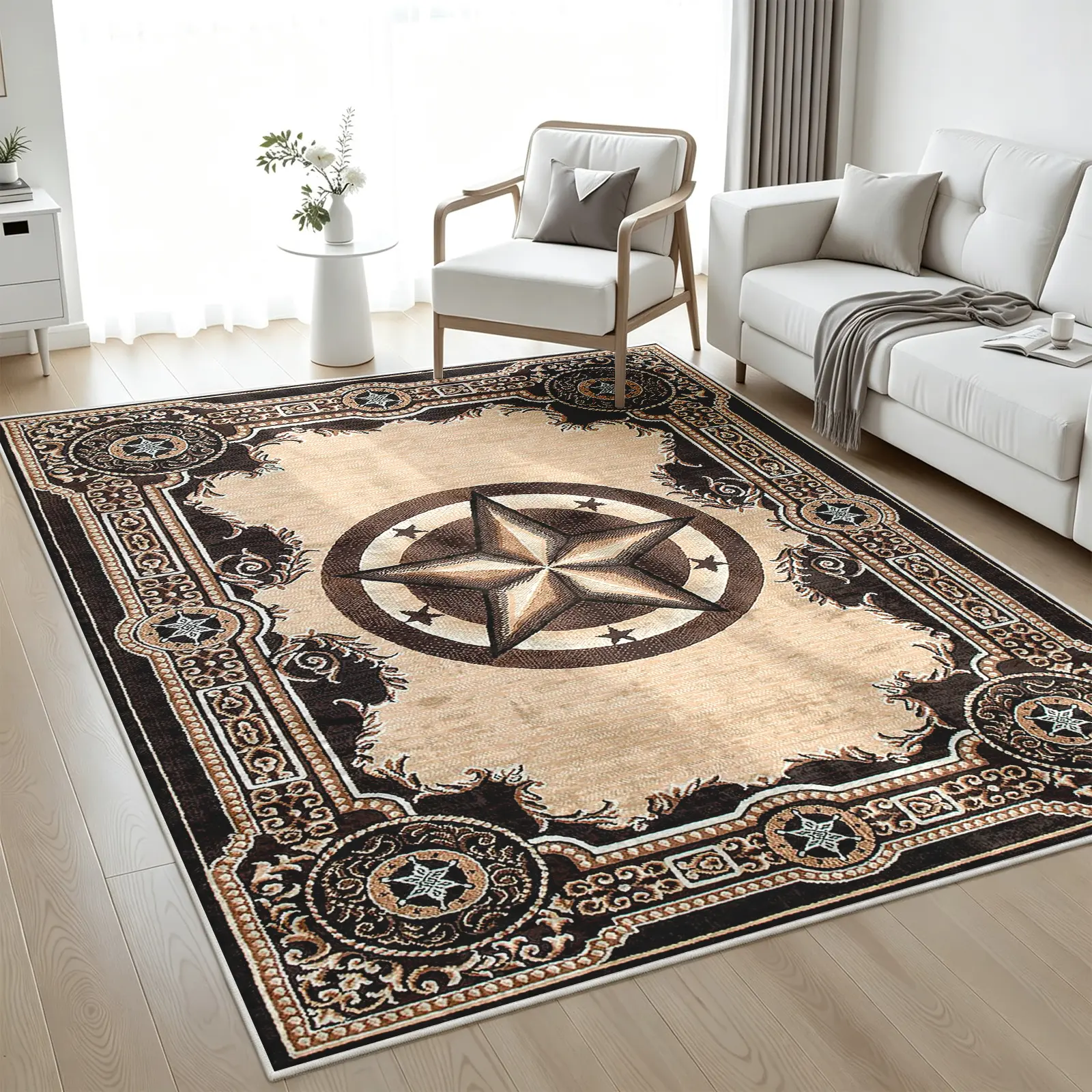 1-Piece Modern Rustic Southwestern Area Rug (8x10ft, Multi-Size Options), Beige Base with Large Brown Compass Star Motif, Soft Low-Pile Rug, Non-Slip Stain-Resistant Machine-Washable Indoor Space Floor Covering for Living Room, Bedroom