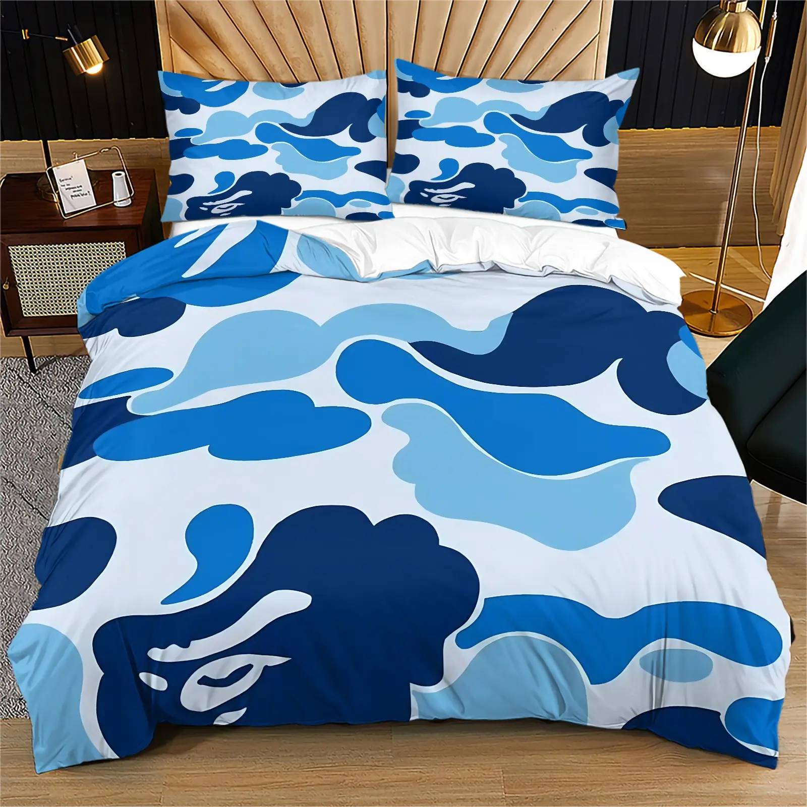 Blue Camo Duvet Cover Set, Bedding Set, Stylish Blue Gradient Camouflage Pattern, Soft Breathable Microfiber, Hidden Zipper & Corner Ties, Trendy Modern Bedroom Decor, Includes 2 Pillowcases - without Core
