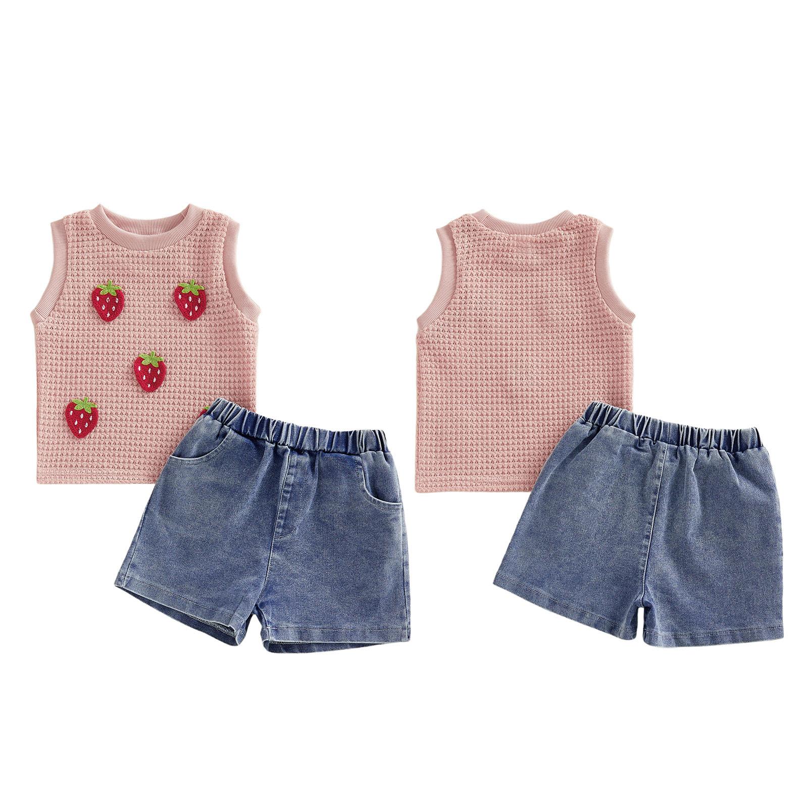 Toddler Girl Summer Fashion 3D Strawberry Top Denim Shorts Set Baby Y2K Clothes 2026 TikTok Trendy Play Outfit