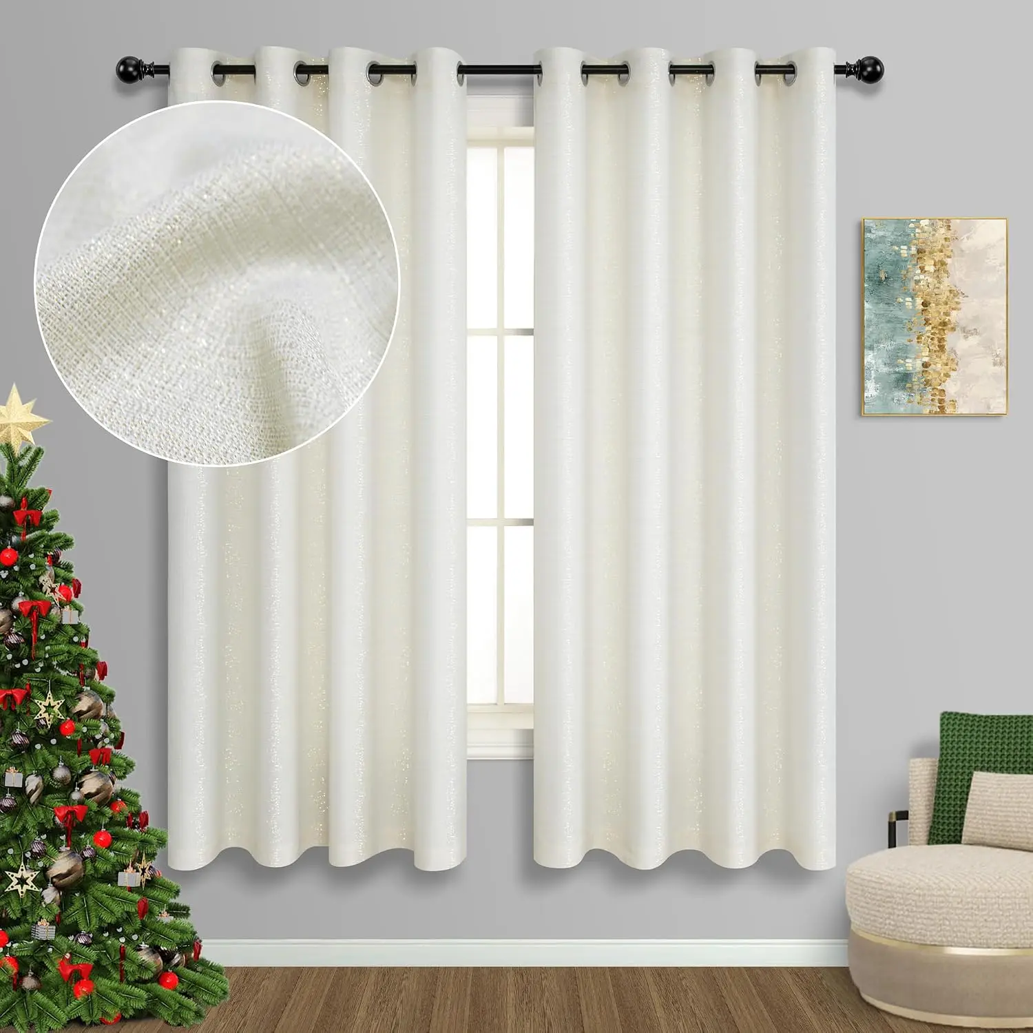 Cream and  Curtains 63 Inch Length for Bedroom 2 Panels Grommet Thick Sheer Semi  Sparkle Glitter Shimmer Shiny  and  Curtains for Girls Room   Metallic Accent 63 Long