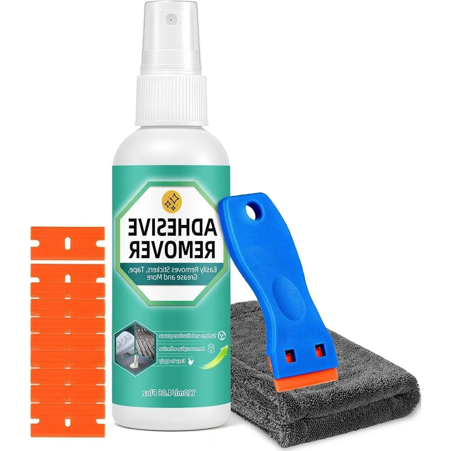 Adhesive Remover Spray with Plastic Scraper and Towel - Surface Safe Sticker Remover for Car, Windows, Floor - Rapidly Removes Labels, Gum, Tape, Wax (4.06 Fl oz)Gift
