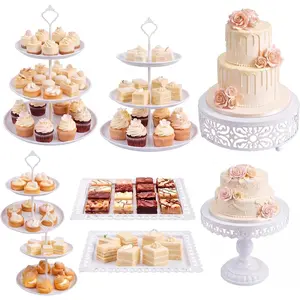 8 count Cake Stands Set Metal Dessert Table Display Tiered Cupcake Holder Candy Donut Fruit Plate Cake Serving Tray Candlestick Display  Serving Tower for Wedding Birthday Party Decor (White)