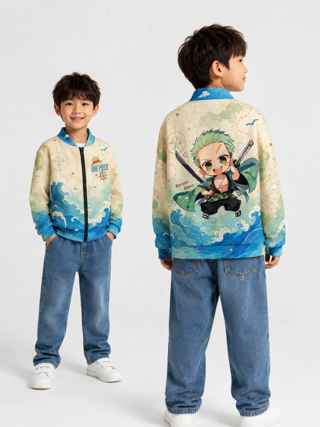 One Piece Luffy Cartoon Kids Jacket, Long Sleeve Peter Pan Collar, Full Placket Zipper, Casual Slim Fit, Fall & Winter Fashion