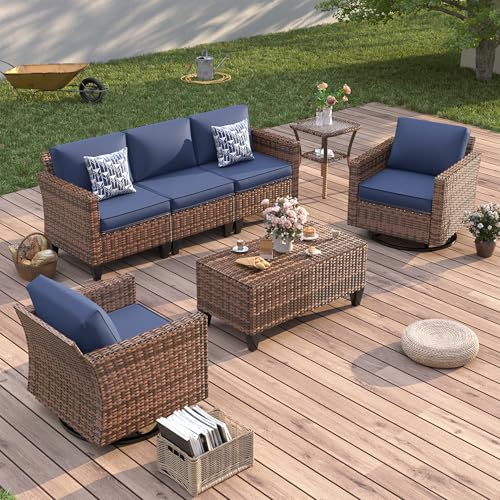 【3/4 packages delivery】UDPATIO Modern Outdoor Wicker Sofa Set, fire pittable Rattan Wicker Outdoor Sectional Set with Rocking Swivel Chairs, PE Rattan Outdoor Sofa Set with Storage Table and Waterproof Covers for Backyard, Deck, Porch SpringGardening