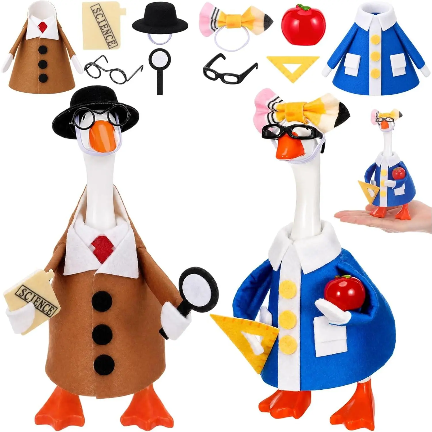 2-Pack Back to School Interchangeable Goose Decor Doll Ornaments, 7-Inch (17.78 cm) Magnetic Silly Goose Statues with Felt Clothing & Keychains for Teacher Classroom Nursery Decor, Mini