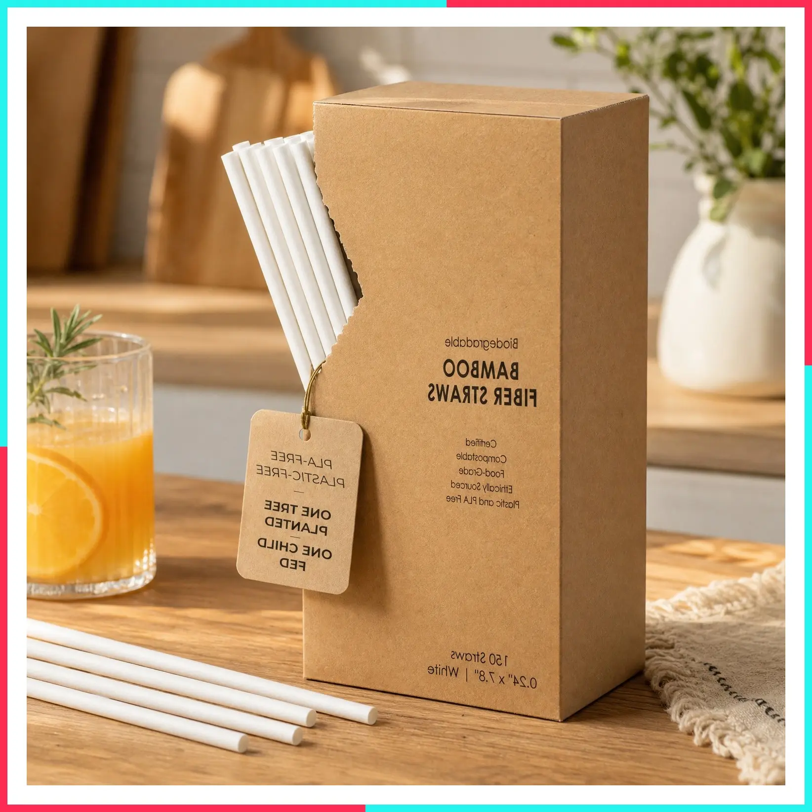 Biodegradable Bamboo Fiber Disposable Straws, 150 Count, 7.8 Inch | 100% Compostable, Eco-Friendly Drinking Straw | Plastic-Free White Straw, Plant Fiber Straws | Durable for Warm & Cold Drinks