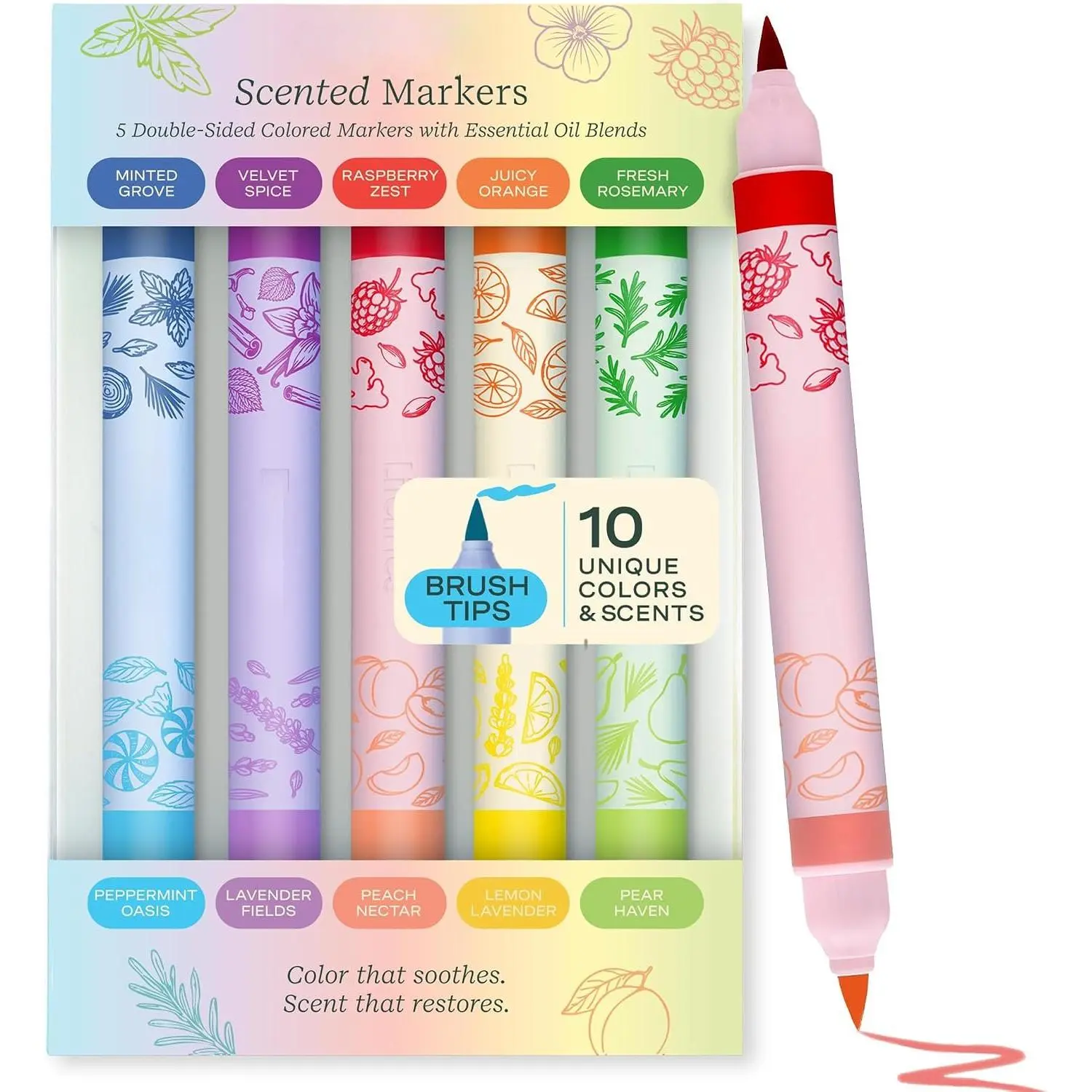 Scented Colored Markers, 5 Double-Sided Markers | 10 Colors & Scents - Color Marker Set Infused with Essential Oil Blends for Arts & Crafts, Coloring Books & School Supplies