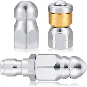 3 Pcs Pressure Washer Sewer Jetter Nozzle Kit Stainless Steel Rotating Button Nose Jet Nozzle with Different Model Pressure Drain Hose Spray Head  1/4'' Quick Connector, 5000 Psi