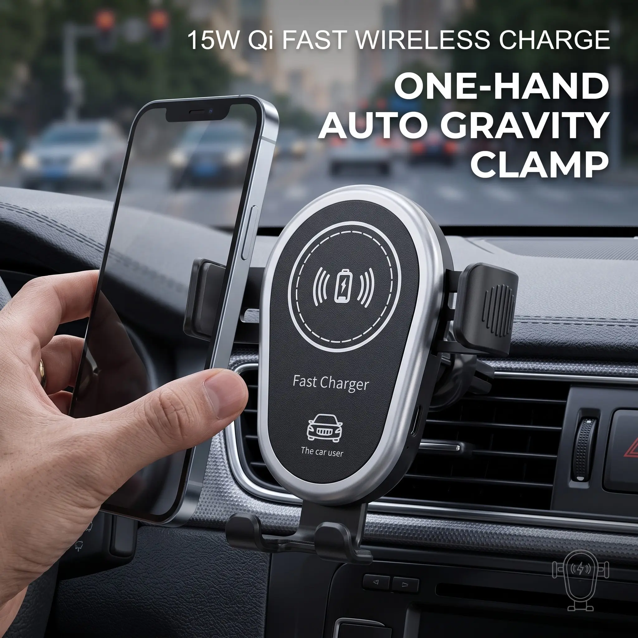 15W Qi Gravity Wireless Car Charger Mount, Auto Clamping Air Vent Phone Holder, Triangle Anti-Drop Stable Fast Charging, Compatible with iPhone 15/14/13/12, Samsung S24/S23 & All Qi Enabled Smartphones