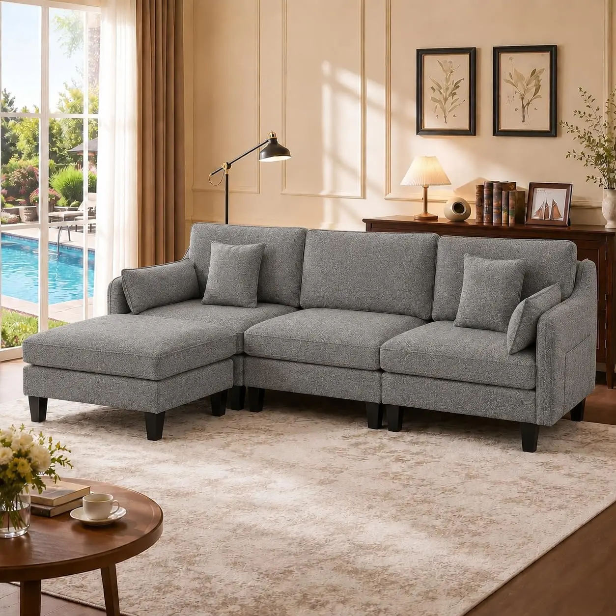 GAOMON Modular L-Shaped Sectional Sofa with Ottoman - Deep Seat, Grey, Versatile Comfortable Seating for Modern Living Spaces