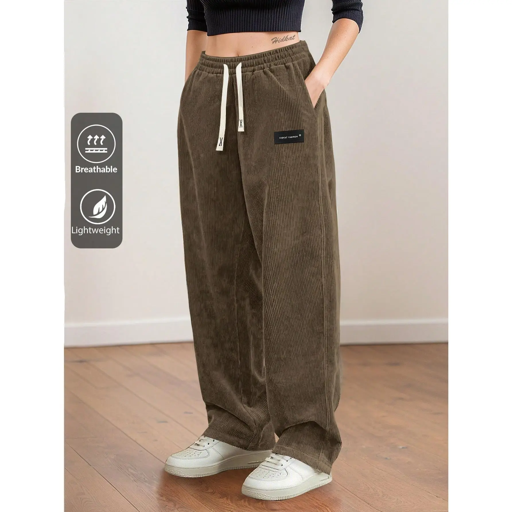 Women's Corduroy Straight Leg Pants, Minimalist Fitted Comfy Design, Drawstring Elastic Mid Waist, Versatile Casual Trousers for Daily Wear & Hiking, Perfect for Spring Autumn Women's Clothes, Ladies' Clothing