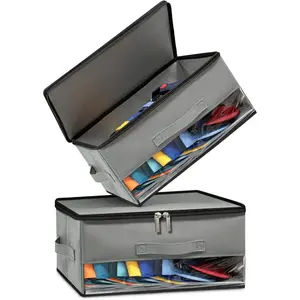 2 PCS Stackable Hat Storage for Baseball Caps, Space Saving Hat Organizer Box for Closet, with All Around Cardboard Support, Zipper Lid, Clear Window and 3 Handle, Each Holds 12 Hats, Grey