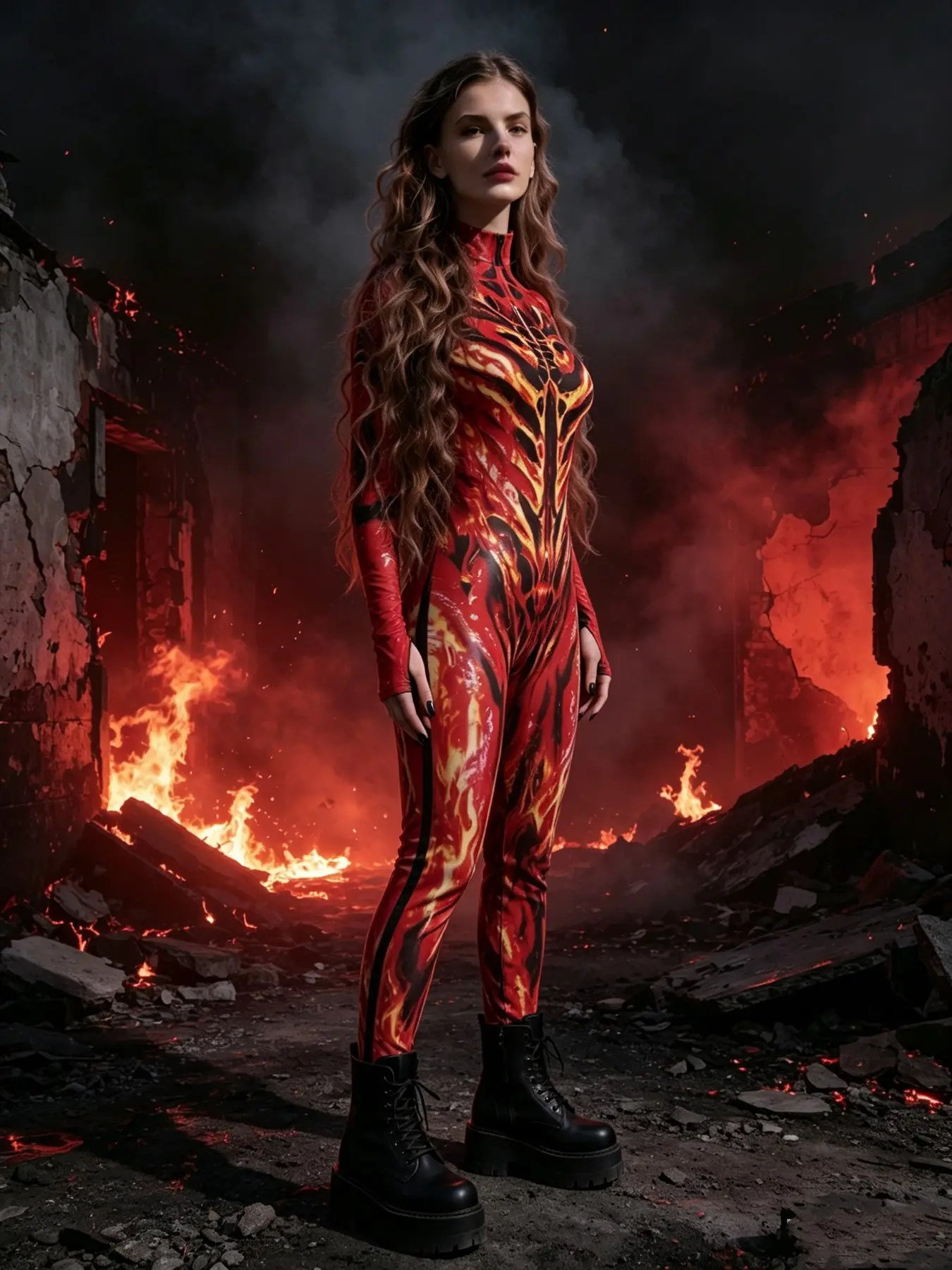 Fire Festival Bestseller, Flame Lava Pattern Bodysuit, Apocalyptic Cosplay Costume, Cyberpunk Style, Halloween Party, Unique Role Play Dress