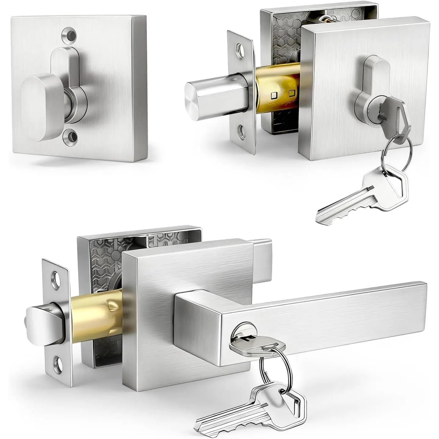 1 Pack Brushed Nickel Exterior Door Lock Set with Deadbolt, Square Front Door Handle Set, Door Levers Single Cylinder Deadbolt Set, Keyed Alike Heavy Duty Keyed Entry Handles Locksets